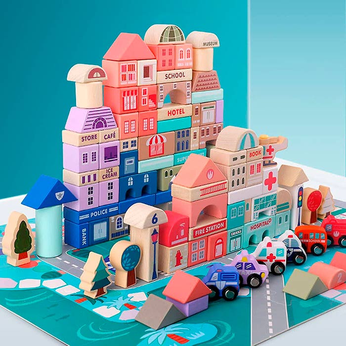 BlockCity, különböző alakú építőkockák készlete praktikus dobozzal és játékszőnyeggel - Image 4