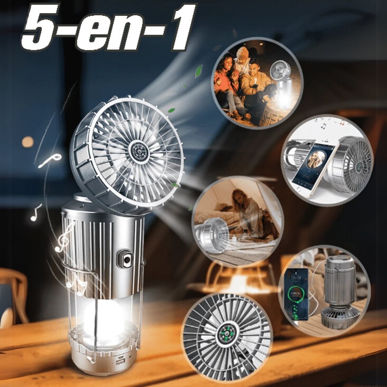 A zseblámpa erőteljes fényt biztosít, a ventilátor kellemes hűsítő hatást, a hangszóró pedig hangulatot teremt a kedvenc zenéddel. Az iránytű segít megtalálni az utadat, az akkumulátor pedig feltölti a telefonodat vagy más eszközödet.
